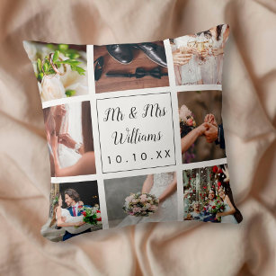 Elegant Personalised Wedding Day Photo Collage Cushion