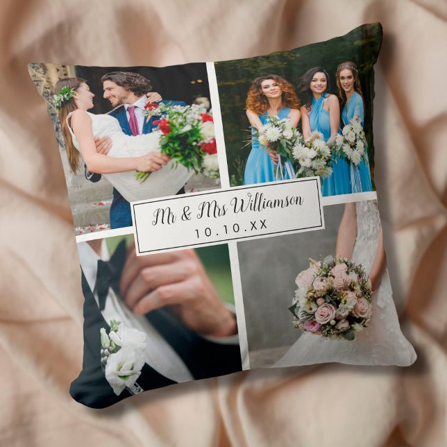 Elegant Personalised Wedding Day Photo Collage Cushion (Creator Uploaded)