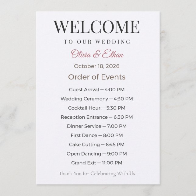Elegant Personalised Wedding Program Programme (Front)