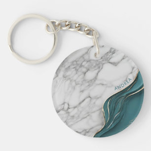 Elegant Personalized Dark Teal Gold Marble Key Ring