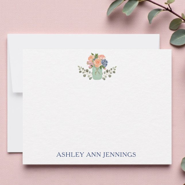 Elegant Personalized Floral Notecards Stationery (Custom name stationery with watercolor flowers)