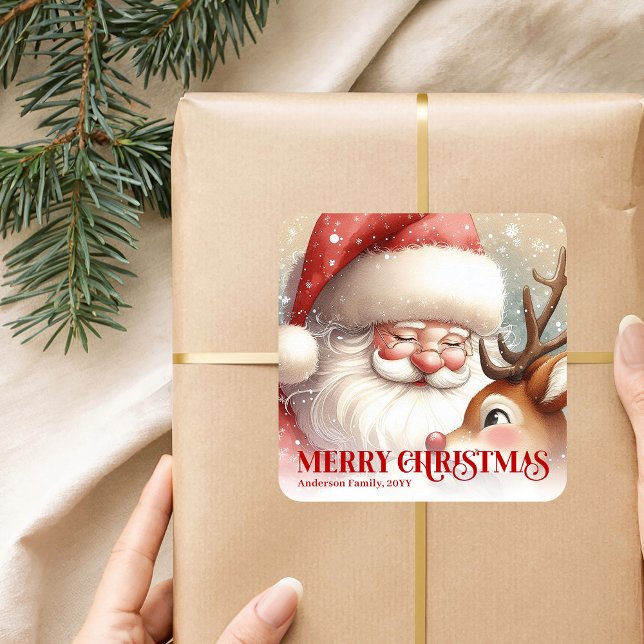 Elegant Personalized Santa Rudolph Holiday Kids   Square Sticker (Elegant Personalized Santa Rudolph Holiday Kids Sticker)