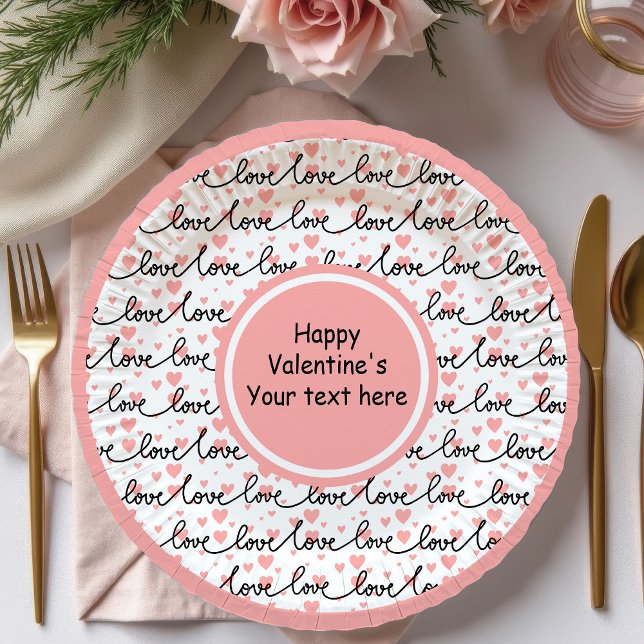 Elegant Personalized Table Love Text Art Valentine Paper Plate (Personalized Valentine Pink Black Hearts Sketch Paper Plates)