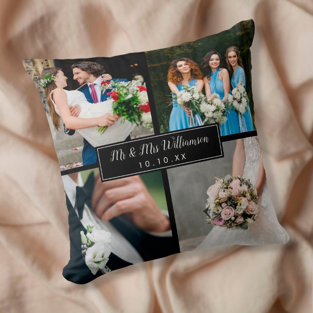 Elegant Personalized Wedding Day Photo Collage Cushion (Creator Uploaded)