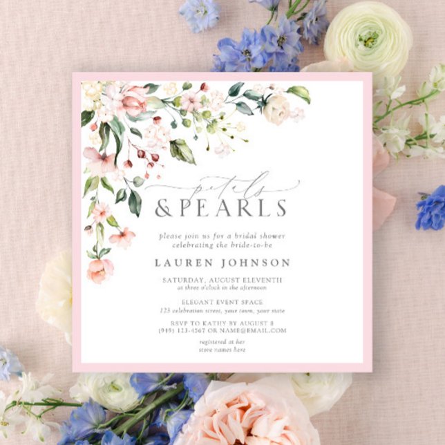 Elegant Petals & Pearls Pink Floral Bridal Shower Invitation (Creator Uploaded)
