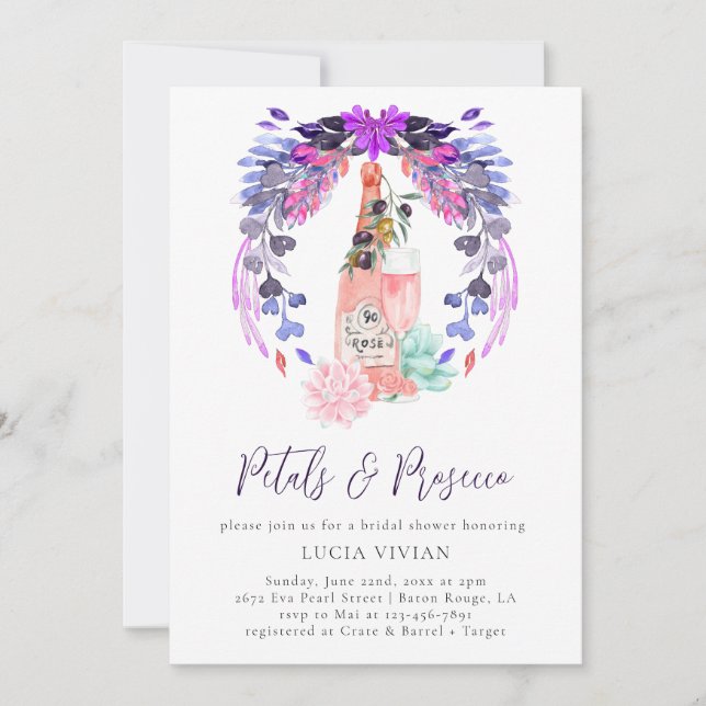 Elegant Petals & Prosecco Floral Bridal Shower Invitation (Front)