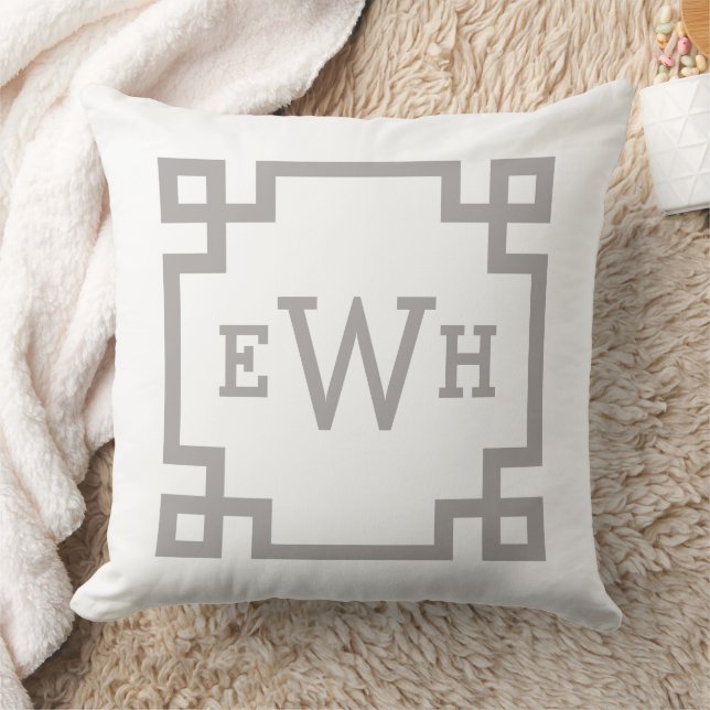 Elegant Pewter Grey Greek Key Monogram Initial Cushion (Blanket)