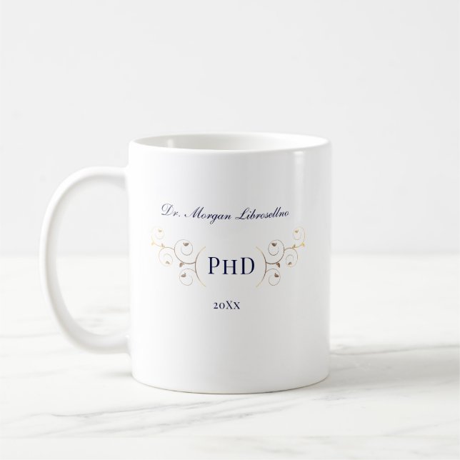 Elegant PhD Blue Gold Graduation Coffee Mug (Left)