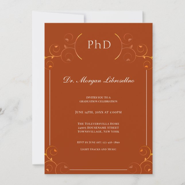 Elegant PhD Burnt Orange Graduation Invitation (Front)