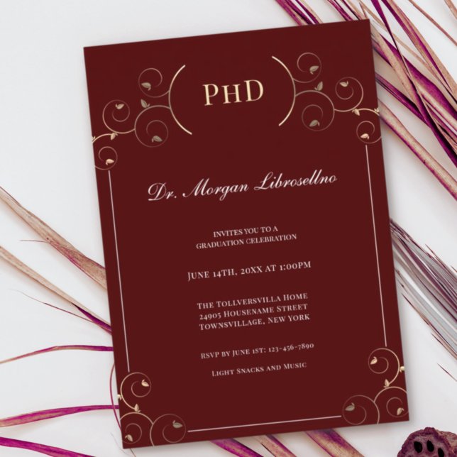 Elegant PhD degree Gold Burgundy Graduation Party Invitation (Creator Uploaded)