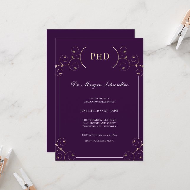 Elegant PhD degree Gold Purple Graduation Party  Invitation (Front/Back In Situ)