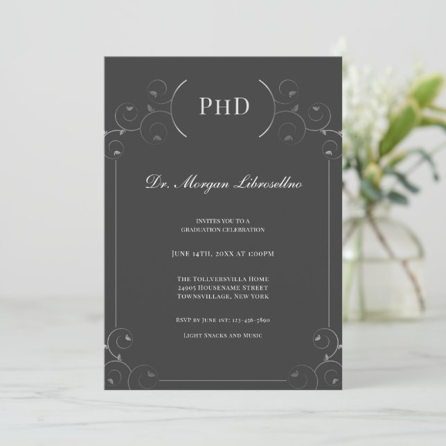 Elegant PhD degree Silver Grey Graduation Party Invitation (Standing Front)