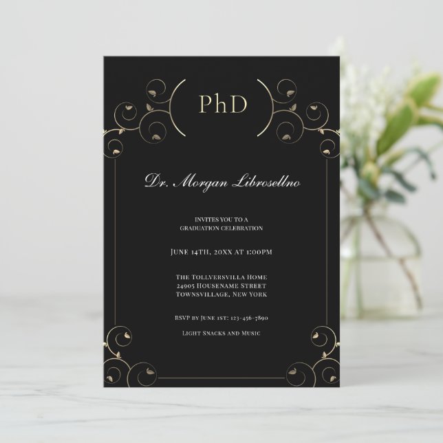 Elegant PhD Gold Black Graduation Party Invitation (Standing Front)