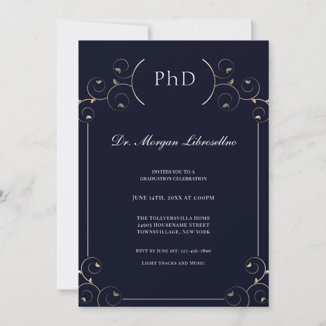 Elegant PhD Gold Blue Graduation Invitation (Front)