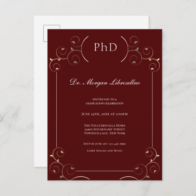 Elegant PhD Gold Burgundy Invitation Postcard (Front/Back)
