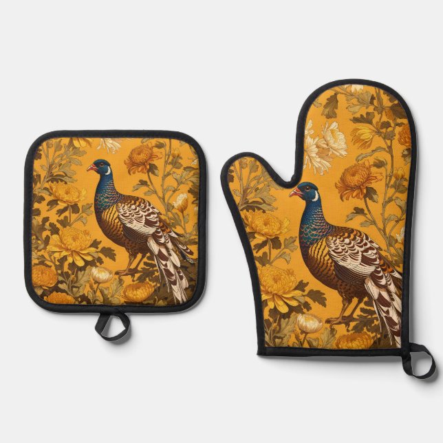 Elegant Pheasant William Morris Inspired Oven Mitt & Pot Holder Set (Front)