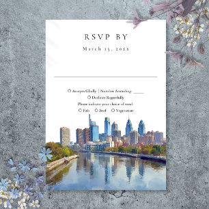 Elegant Philadelphia Skyline Watercolor Wedding RSVP Card