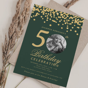 Elegant Photo 50th Birthday Gold Confetti Green Invitation