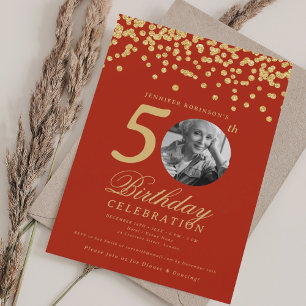 Elegant Photo 50th Birthday Gold Confetti Red  Invitation