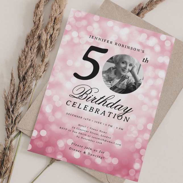 Elegant Photo 50th Birthday Party Blush Pink Bokeh Invitation (Elegant Photo 50th Birthday Party Blush Pink Bokeh Invitation)