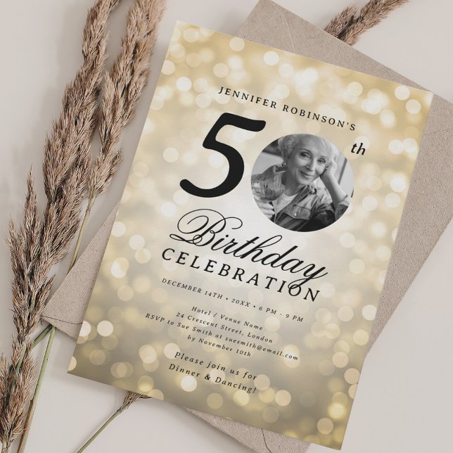 Elegant Photo 50th Birthday Party Gold Bokeh Invitation (Creator Uploaded)