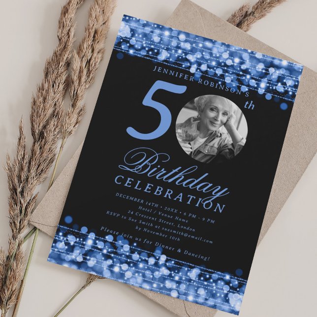 Elegant Photo 50th Birthday Party Navy Blue Lights Invitation (Elegant Photo 50th Birthday Party Navy Blue Lights Invitation)