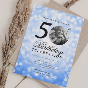 Elegant Photo 50th Birthday Party Navy Bokeh Invitation