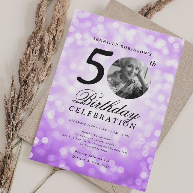Elegant Photo 50th Birthday Party Purple Bokeh Invitation (Elegant Photo 50th Birthday Party Purple Bokeh Invitation)