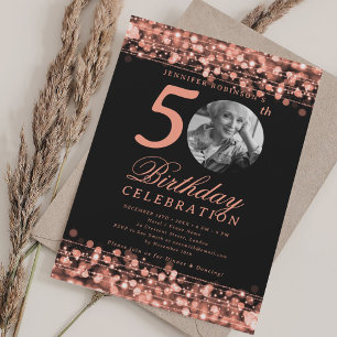 Elegant Photo 50th Birthday Party Rose Gold Lights Invitation