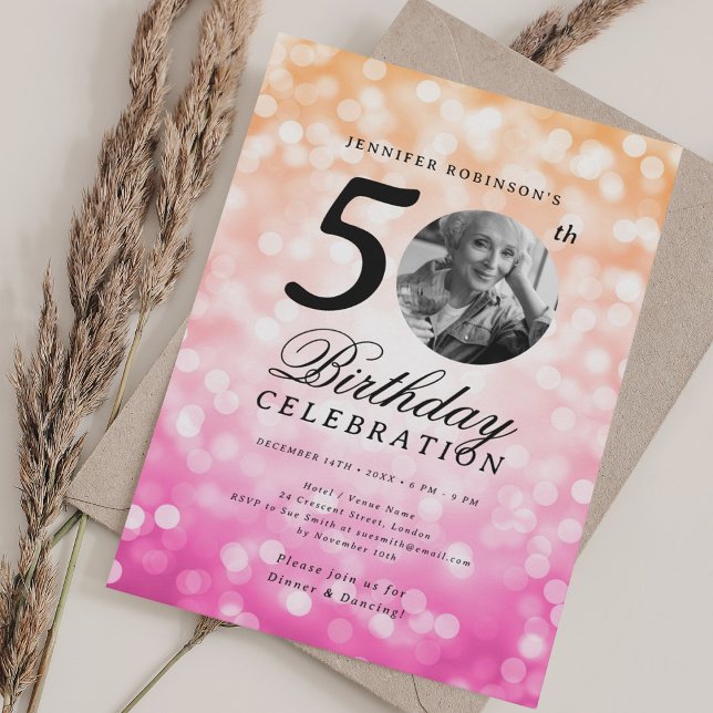 Elegant Photo 50th Birthday Pink Orange Ombre Invitation (Elegant Photo 50th Birthday Pink Orange Ombre Invitation)