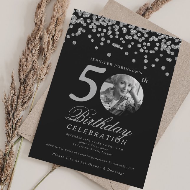 Elegant Photo 50th Birthday Silver Confetti Black Invitation (Elegant Photo 50th Birthday Silver Confetti Black Invitation)