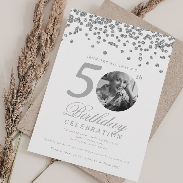 Elegant Photo 50th Birthday Silver Confetti Invitation (Elegant Photo 50th Birthday Silver Confetti Invitation)