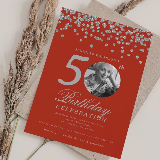Elegant Photo 50th Birthday Silver Confetti Red  Invitation (Elegant Photo 50th Birthday Silver Confetti Red Invitation)