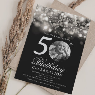 Elegant Photo 50th Birthday Silver Midnight Glam Invitation