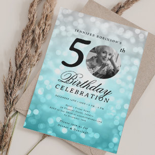 Elegant Photo 50th Birthday Silver Turquoise Ombre Invitation