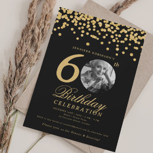Elegant Photo 60th Birthday Gold Confetti Black  Invitation