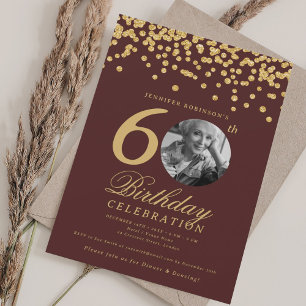 Elegant Photo 60th Birthday Gold Confetti Burgundy Invitation