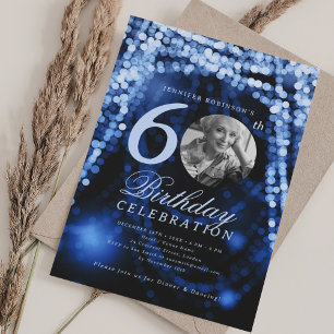 Elegant Photo 60th Birthday Navy Blue Glam Lights Invitation