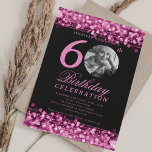 Elegant Photo 60th Birthday Party Hot Pink Lights Invitation<br><div class="desc">An elegant "60th Birthday" party invitation design with personalised photo,  modern typography and a string lights background.</div>