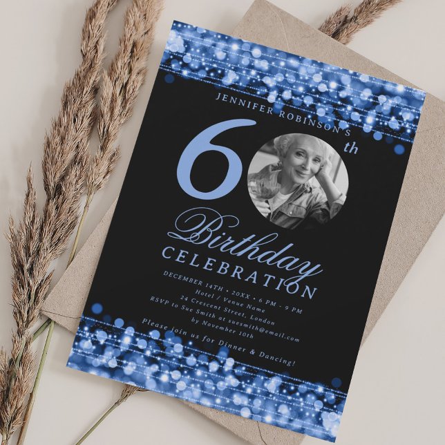 Elegant Photo 60th Birthday Party Navy Lights Invitation (Elegant Photo 60th Birthday Party Navy Lights Invitation)