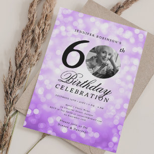 Elegant Photo 60th Birthday Party Purple Bokeh Invitation