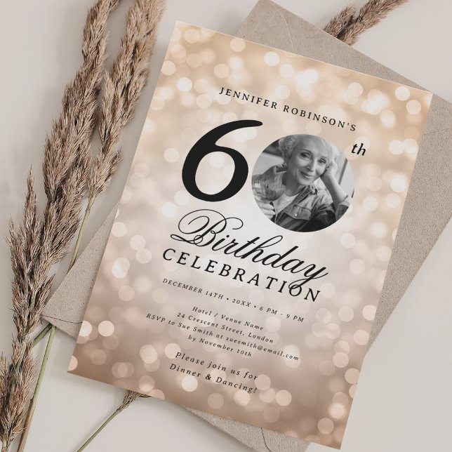 Elegant Photo 60th Birthday Party Rose Gold Bokeh Invitation (Elegant Photo 60th Birthday Party Rose Gold Bokeh Invitation)