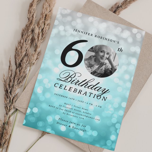 Elegant Photo 60th Birthday Party Silver TealBokeh Invitation (Elegant Photo 60th Birthday Party Silver TealBokeh Invitation)