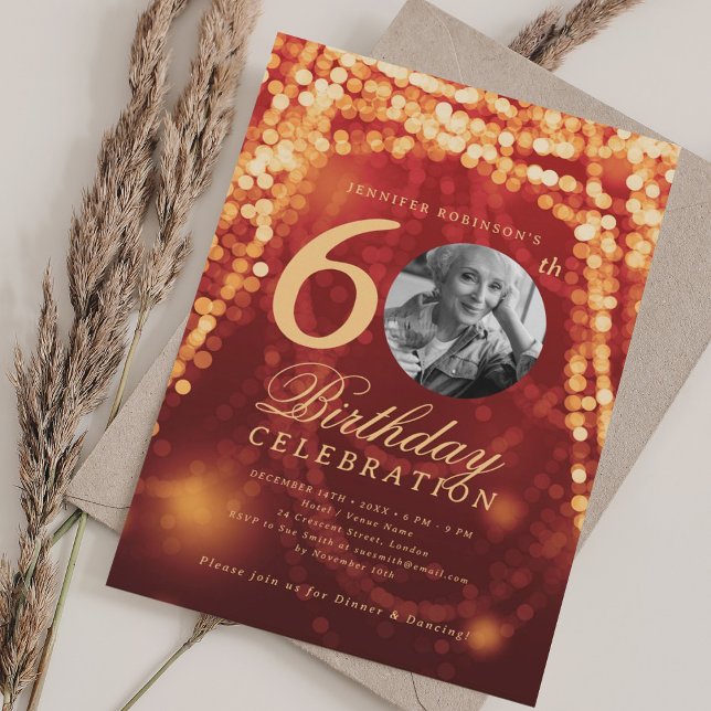 Elegant Photo 60th Birthday Red Gold Glam Lights Invitation (Elegant Photo 60th Birthday Red Gold Glam Lights Invitation)