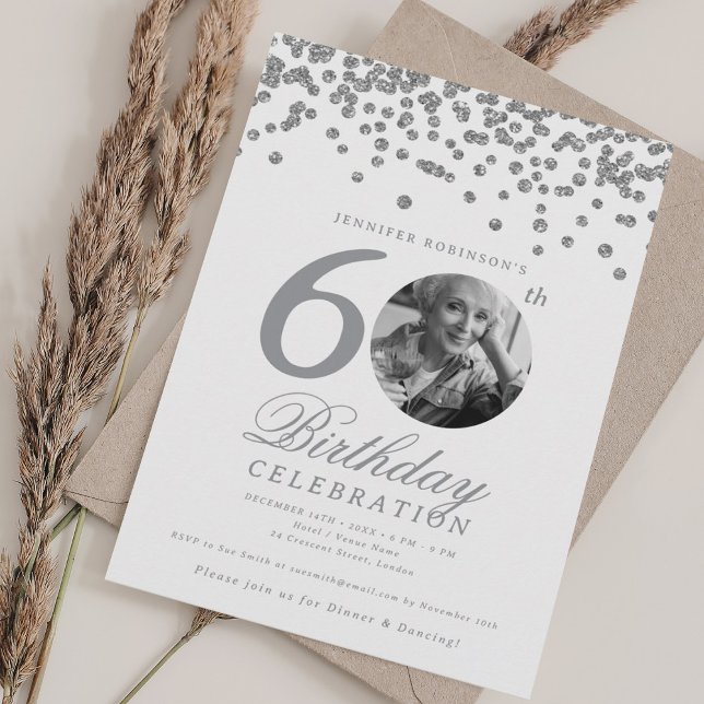 Elegant Photo 60th Birthday Silver Confetti Invitation (Creator Uploaded)