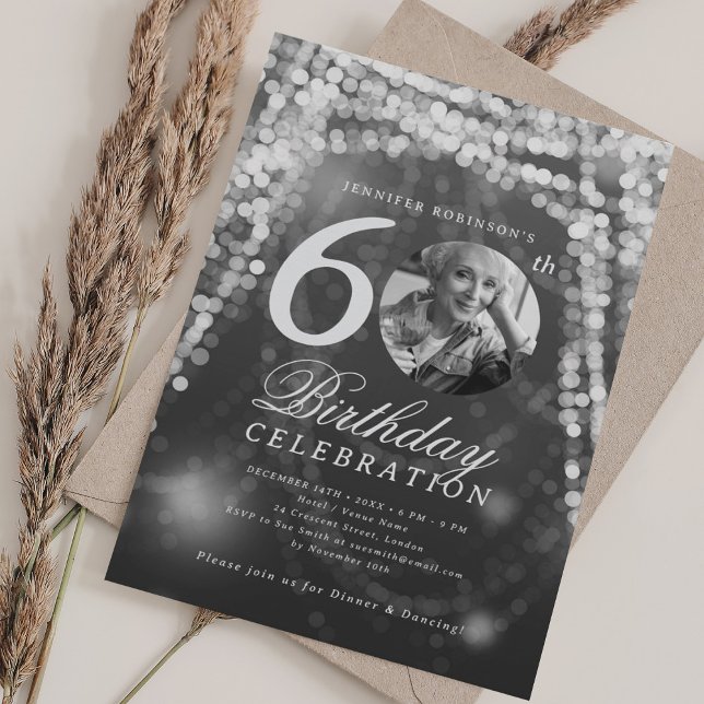 Elegant Photo 60th Birthday Silver Glam Lights Invitation (Elegant Photo 60th Birthday Silver Glam Lights Invitation)