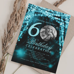 Elegant Photo 60th Birthday Turquoise Glam Lights Invitation