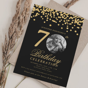 Elegant Photo 70th Birthday Gold Black Confetti Invitation