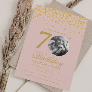 Elegant Photo 70th Birthday Gold Blush Pink Invitation