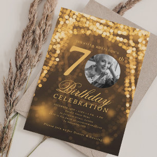 Elegant Photo 70th Birthday Gold Glam Lights Invitation